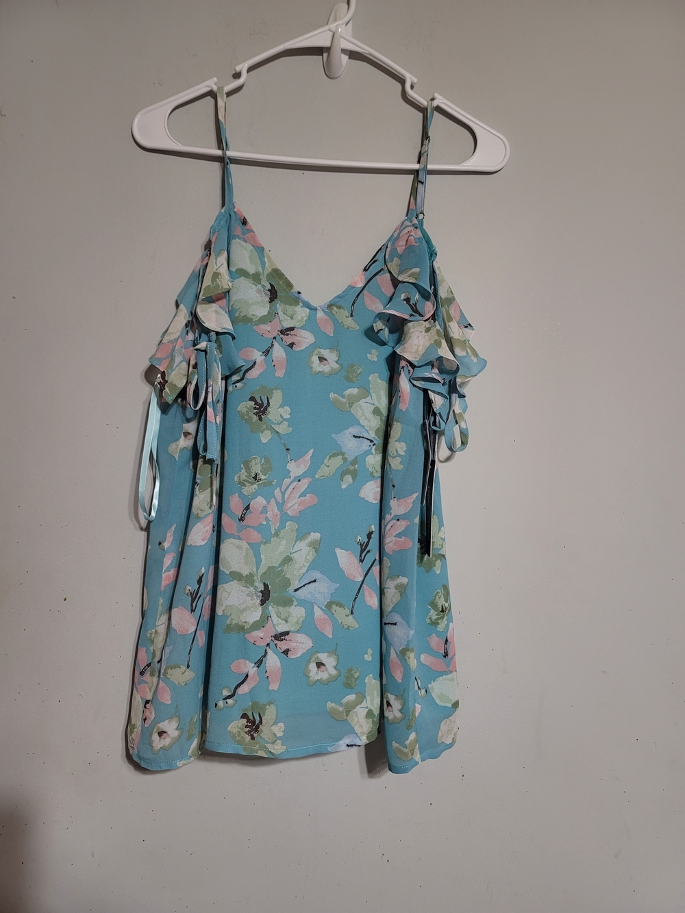 NWT Doe & Rae Blue Floral Ruffle Cold Shoulder Top Aqua Pink Whimsical Fairy